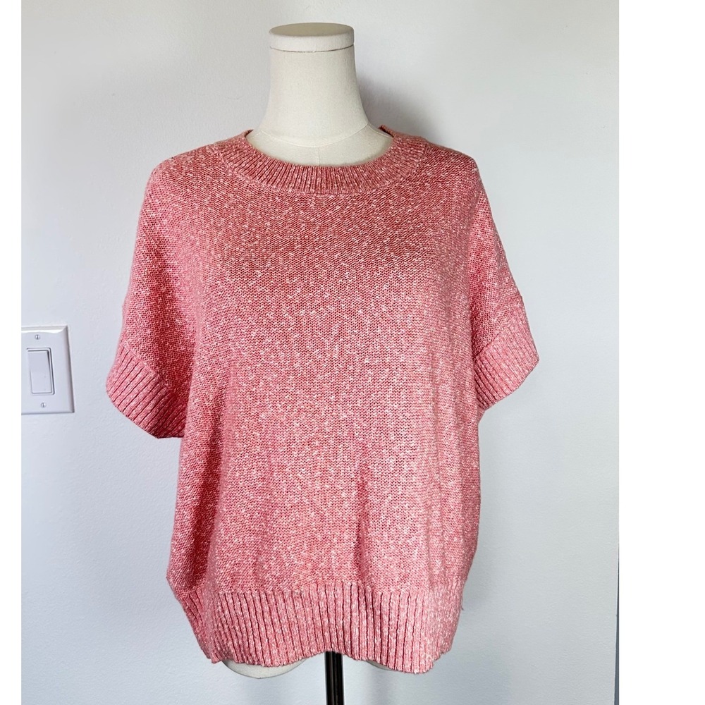 LOFT Woven Short Sleeve Sweater Pink Cotton Blend XL Preppy Minimalist